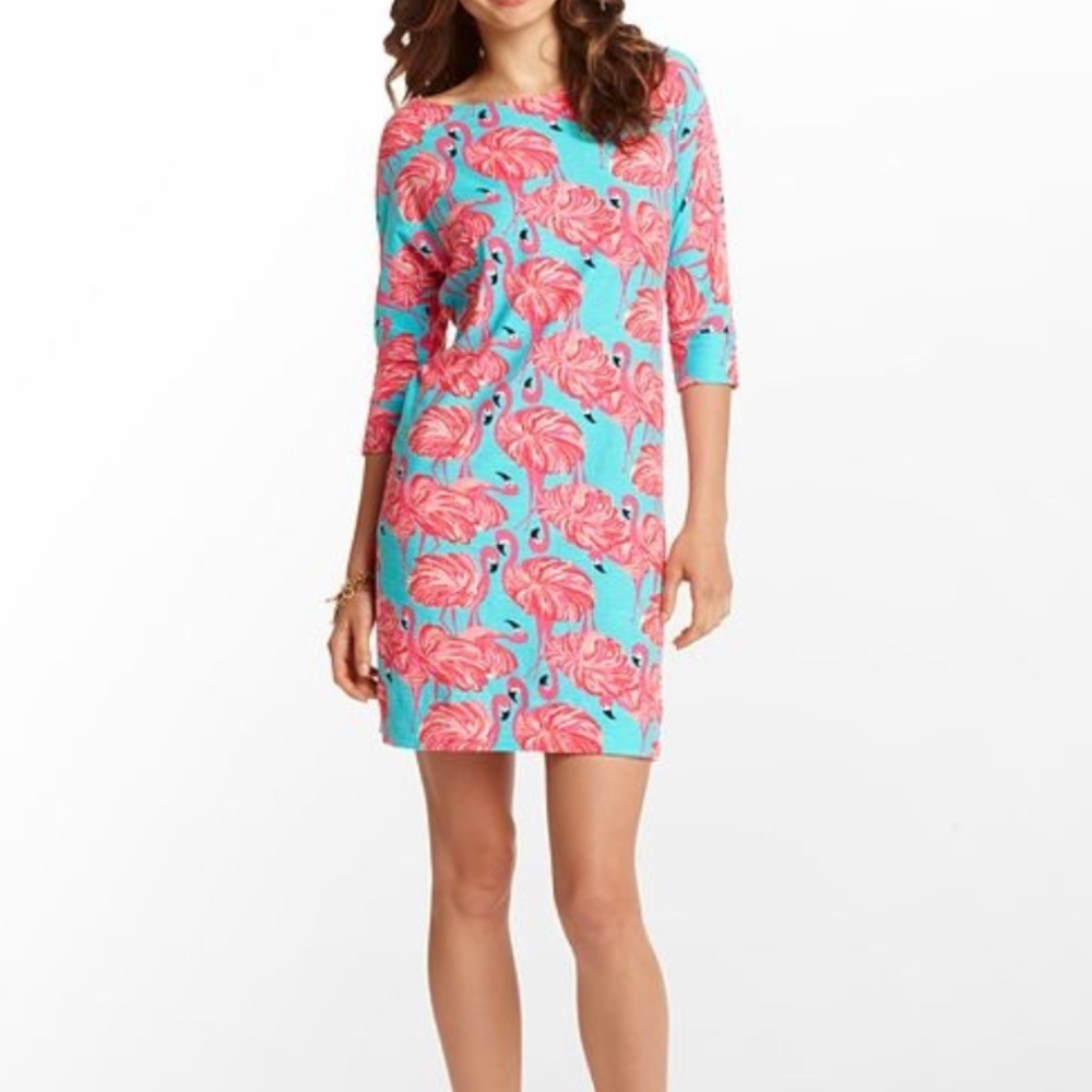 Lilly Pulitzer Sz S Flamingo Cassie Dress Pink/Blue Mini 100% Cotton